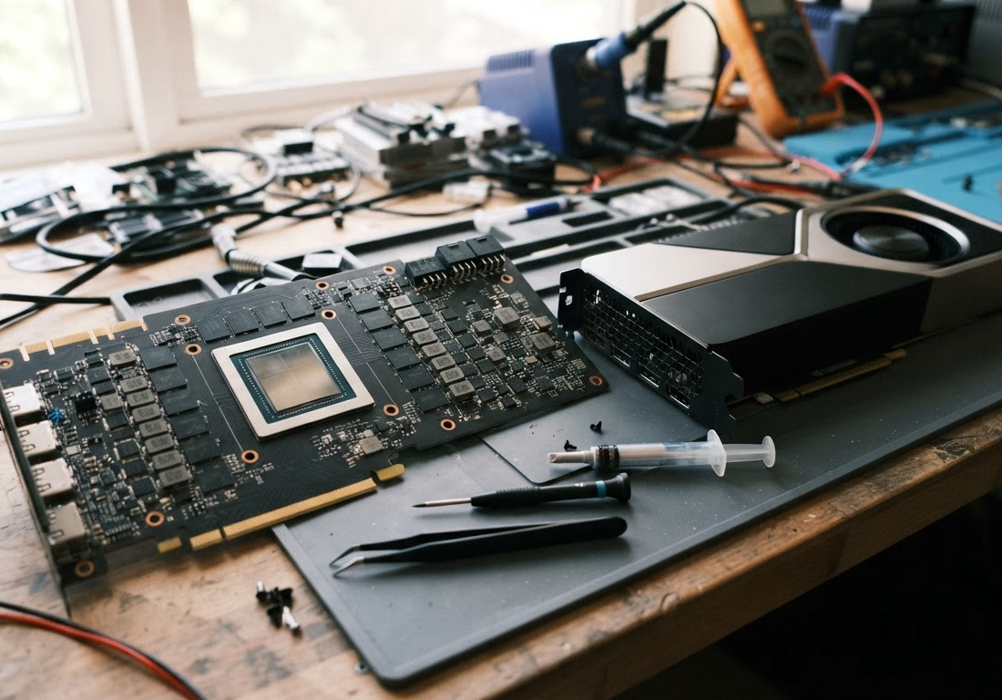 Placa de vídeo sem cooler com o chip gráfico exposto ao lado de uma placa profissional de mesmo chip, sobre bancada iluminada por luz lateral