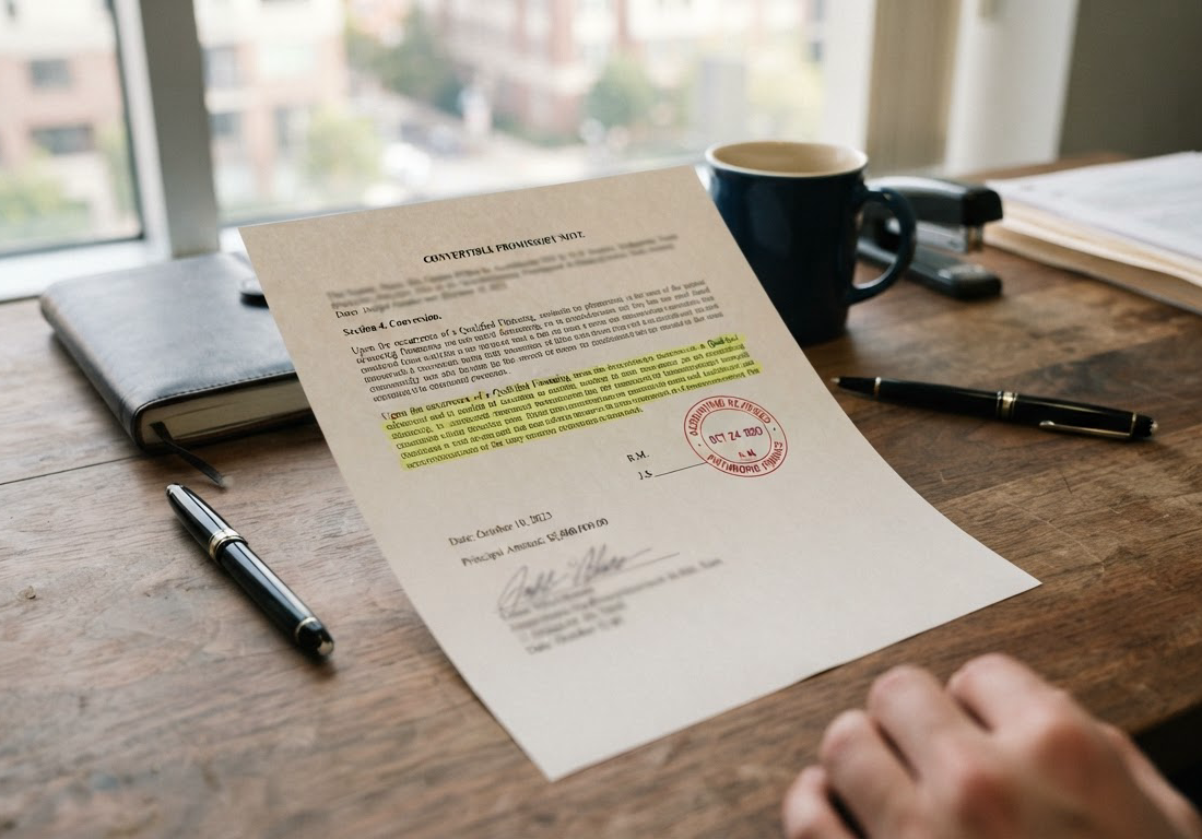 Documento impresso de nota conversível sobre mesa de madeira em escritório jurídico, com uma cláusula grifada em marca-texto e um carimbo de revisão contábil, iluminado por luz natural lateral