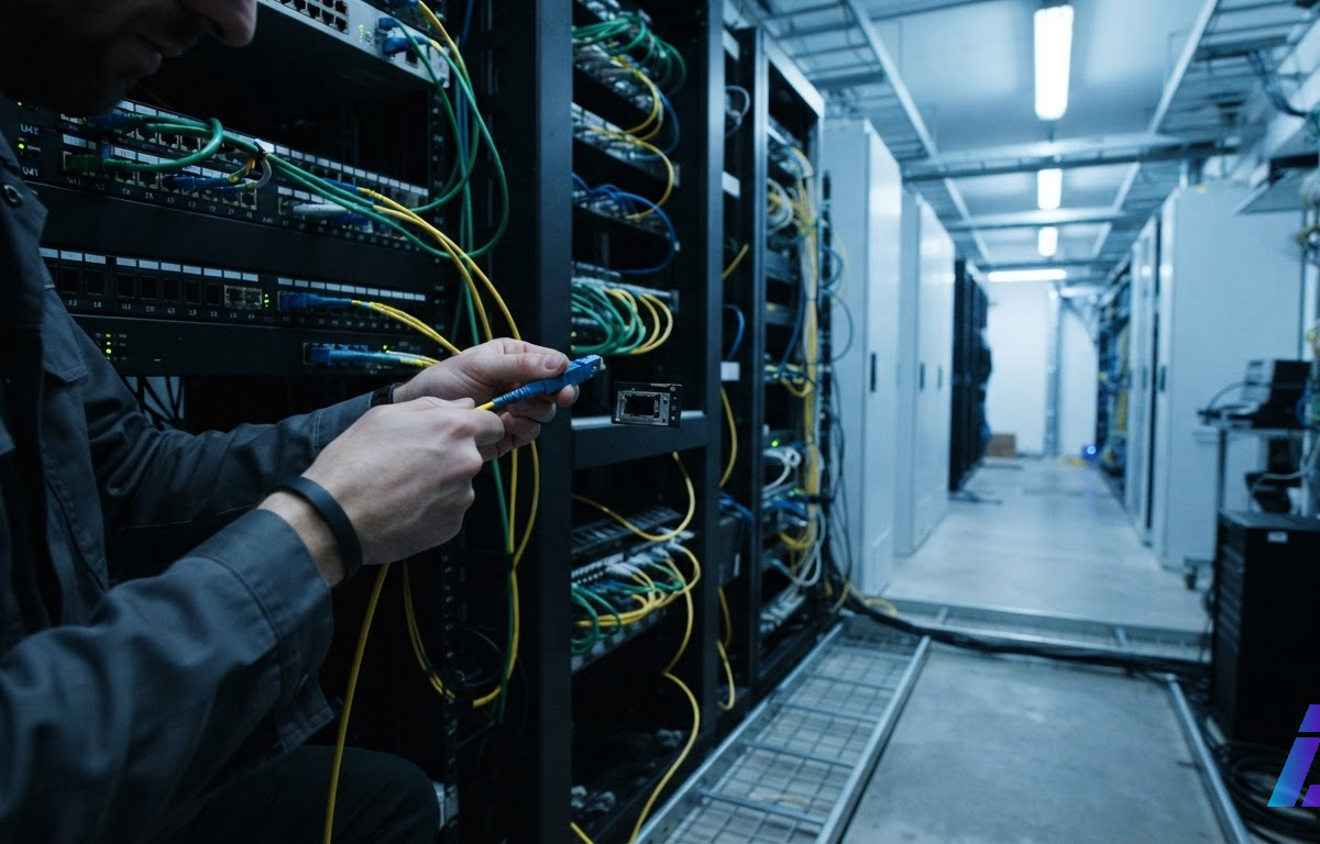 Técnico de costas desconecta o último cabo de fibra óptica de um rack de servidores, deixando a porta de rede vazia, em corredor de data center iluminado por luz fria