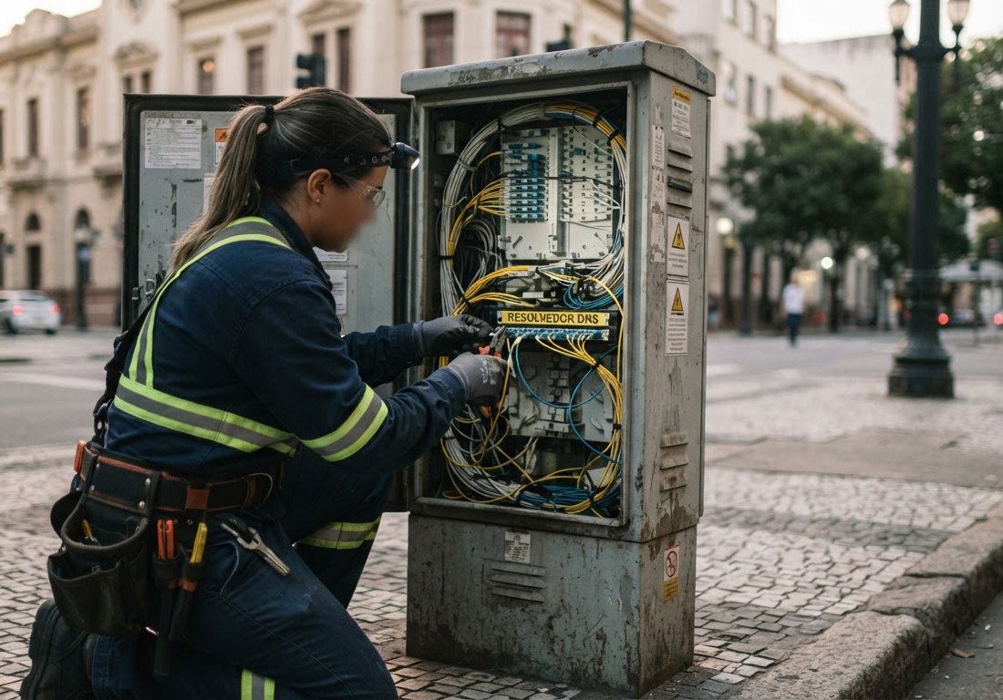 Técnica de telecomunicações, de costas e com luvas, reaperta conexões de fibra óptica em um armário de rua aberto numa calçada urbana ao amanhecer