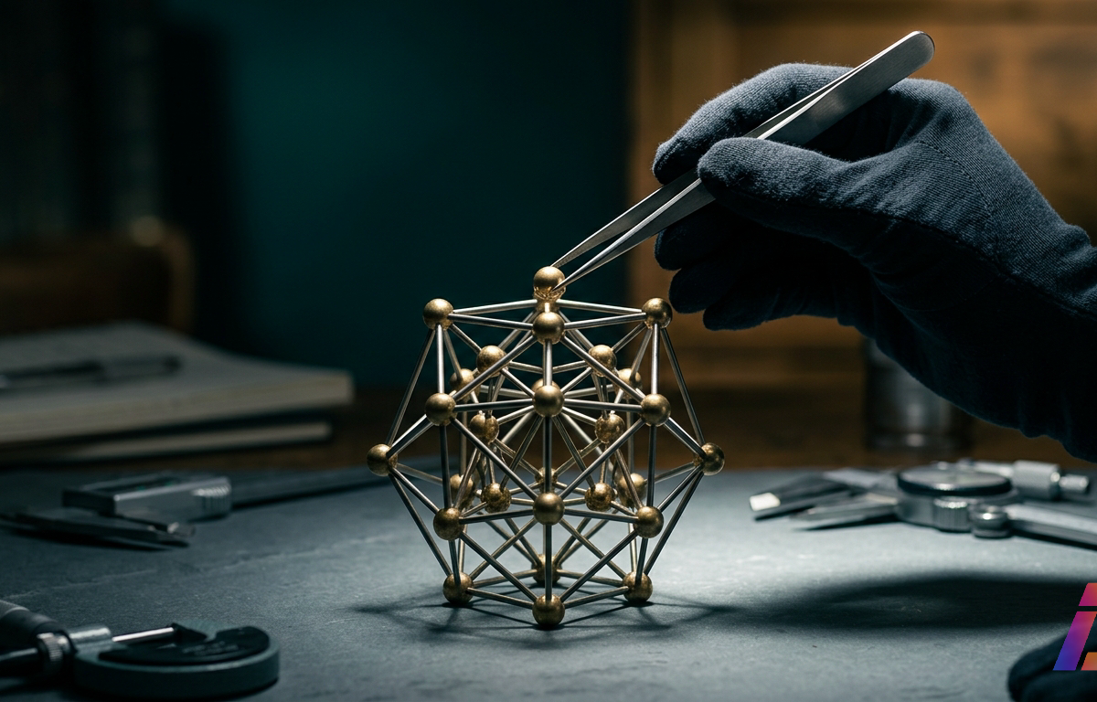 Plano detalhe de mãos com luvas escuras usando pinça para encaixar pequena esfera de latão em estrutura geométrica tridimensional sobre bancada de ardósia.