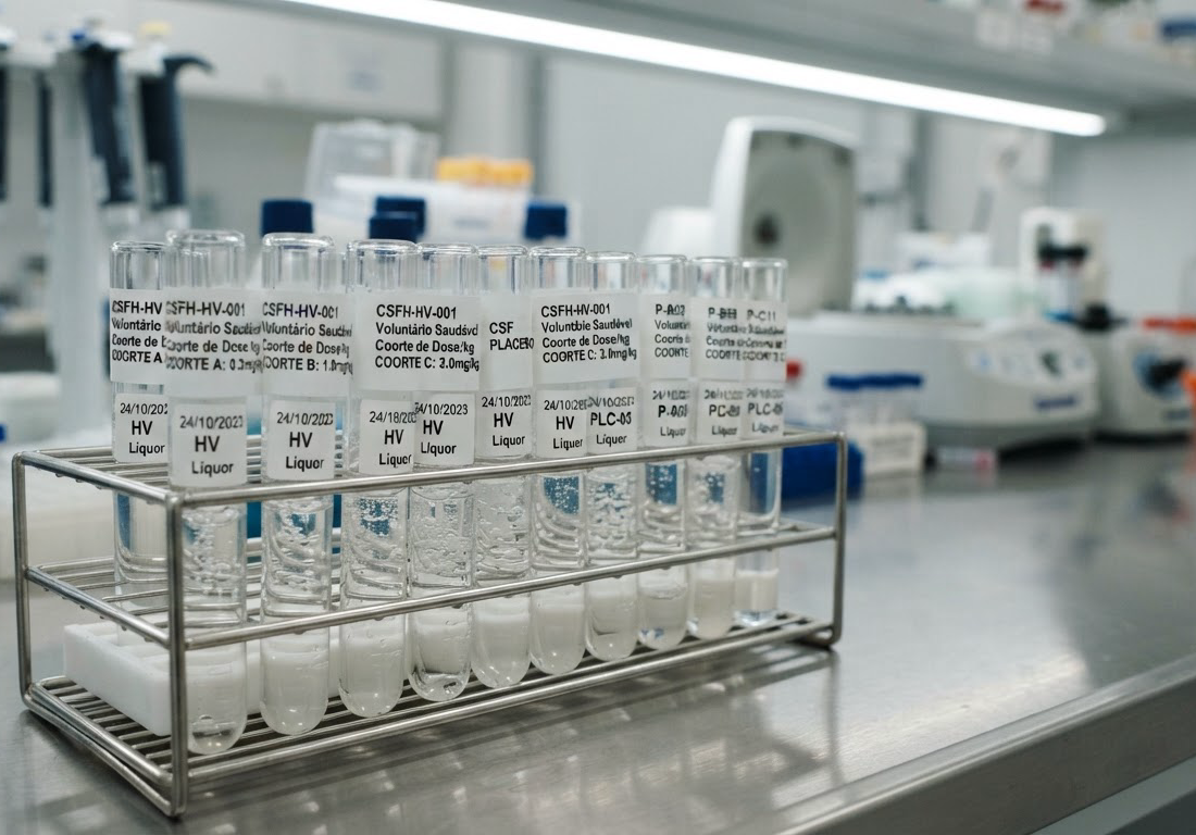 Tubos de ensaio com líquor transparente organizados em estante de laboratório clínico, com etiquetas coloridas separando grupos de amostras, sob luz branca