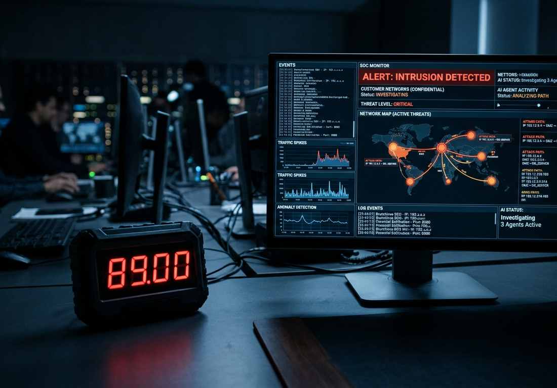 Cronômetro digital marcando 89 segundos ao lado de uma tela de centro de operações de segurança com alertas de invasão em redes de clientes sendo analisados automaticamente, sob luz fria noturna em ambiente de escritório escuro.