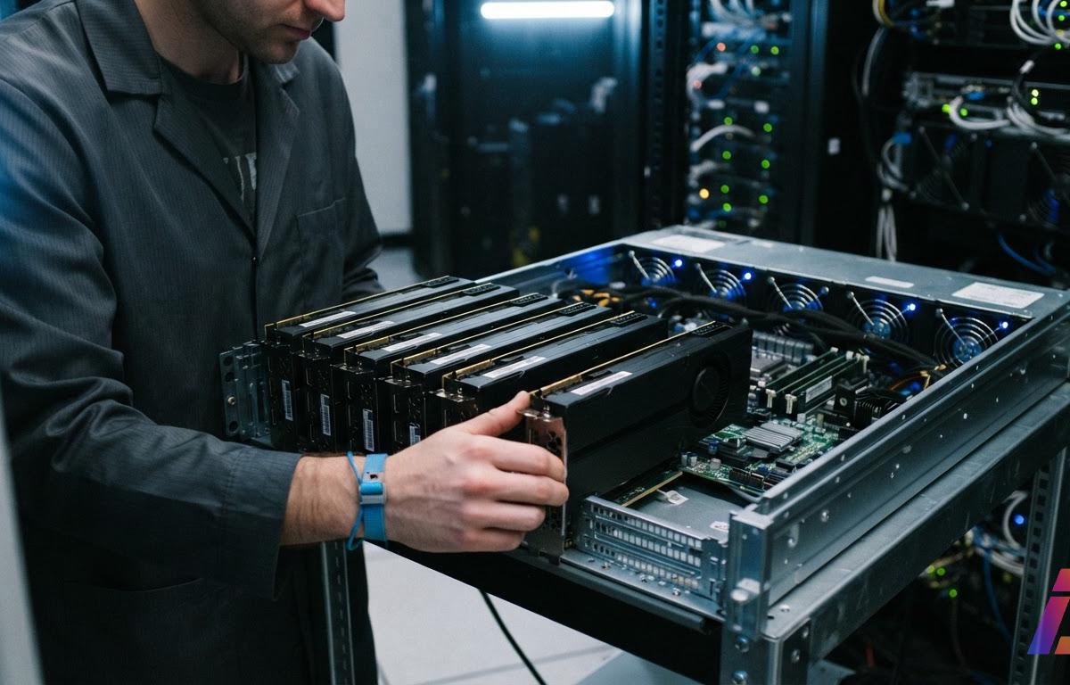Mãos de um técnico encaixam uma placa de GPU de servidor em um chassi aberto que já tem sete placas instaladas, sob luz fria lateral