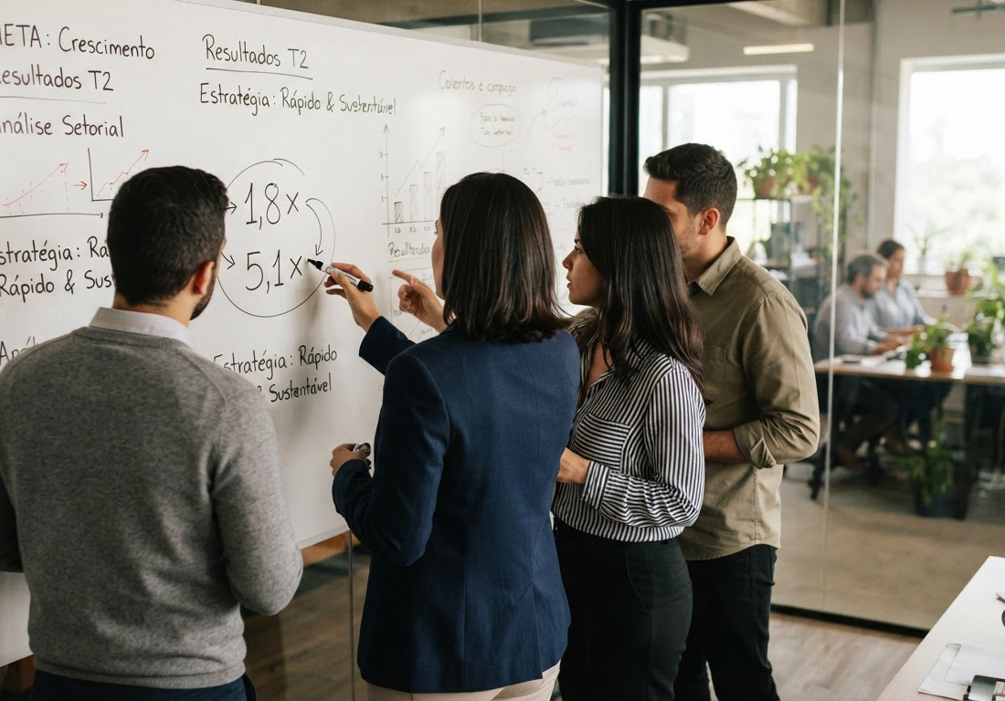 Equipe reunida em volta de um quadro branco com os multiplicadores 1,8× e 5,1× escritos a marcador, em escritório com luz natural