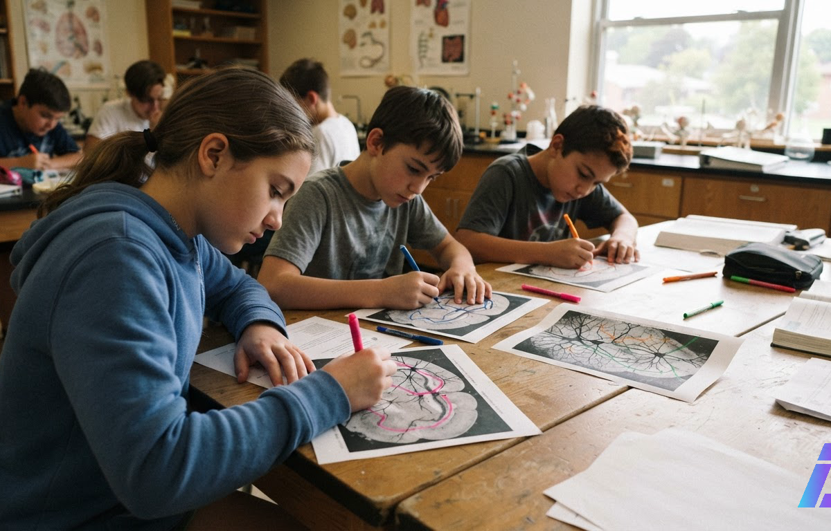 Pré-adolescentes em sala de aula iluminada pela janela traçam com canetas coloridas os ramos de neurônios sobre uma imagem impressa de tecido cerebral, com rostos fora de foco