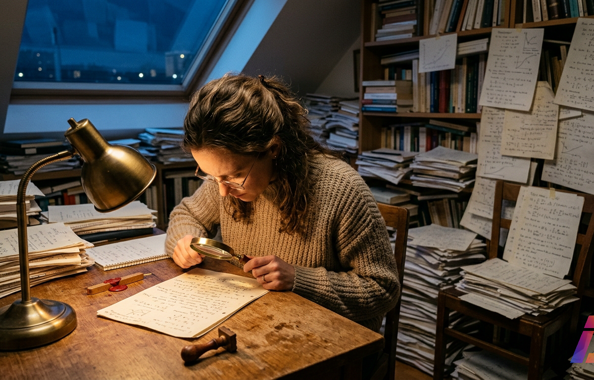 Pesquisadora de suéter de lã, vista de costas, curvada sobre uma escrivaninha noturna com uma lupa na mão direita apoiada numa folha manuscrita iluminada por luminária âmbar. Ao redor, centenas de páginas com equações desenhadas à mão cobre