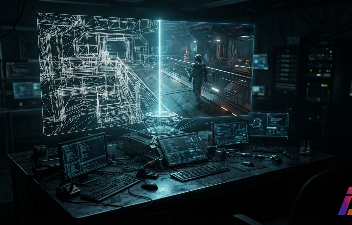 Cena de jogo 3D exibida parcialmente em malha de wireframe e parcialmente renderizada, flutuando sobre um terminal de comandos escuro com reflexo de luz fria de tela