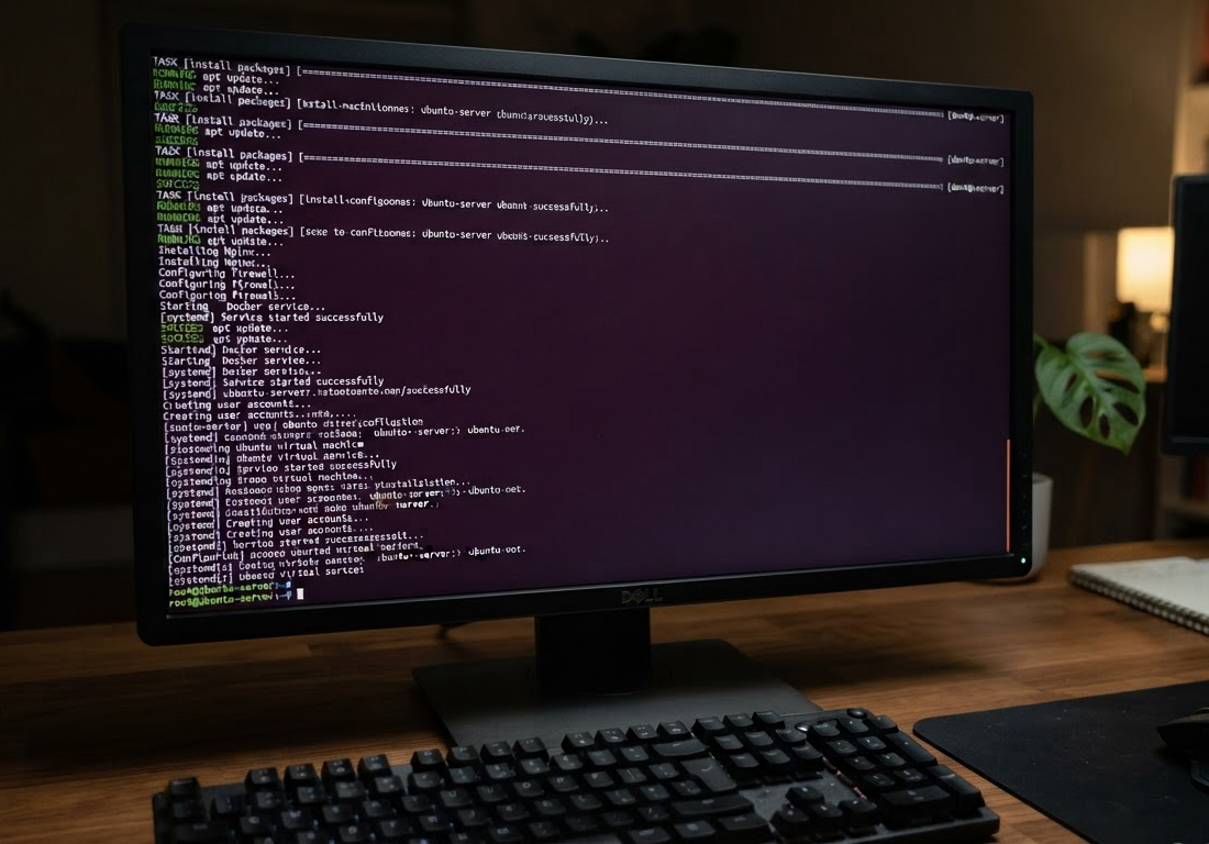 Terminal de linha de comando em monitor com sessão SSH de root numa máquina virtual Ubuntu, logs de provisionamento de servidor rolando na tela, sob iluminação neutra; canto inferior direito livre.