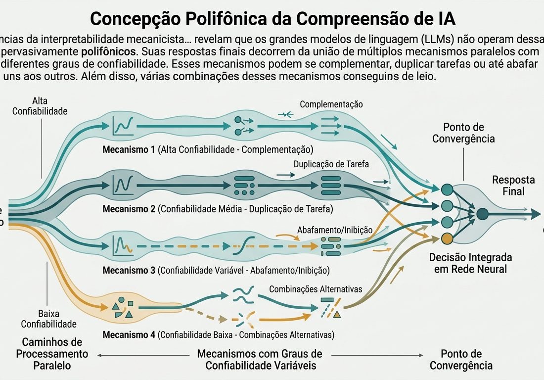 Diagrama esquemático com linhas em azul-petróleo e âmbar representando múltiplos circuitos paralelos que se cruzam e convergem para um único ponto sobre fundo claro.