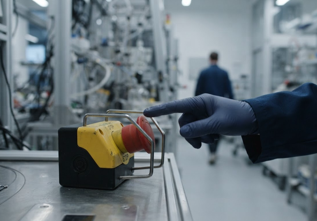Mão de profissional prestes a acionar botão vermelho de emergência industrial em laboratório de tecnologia com iluminação fria e neutra