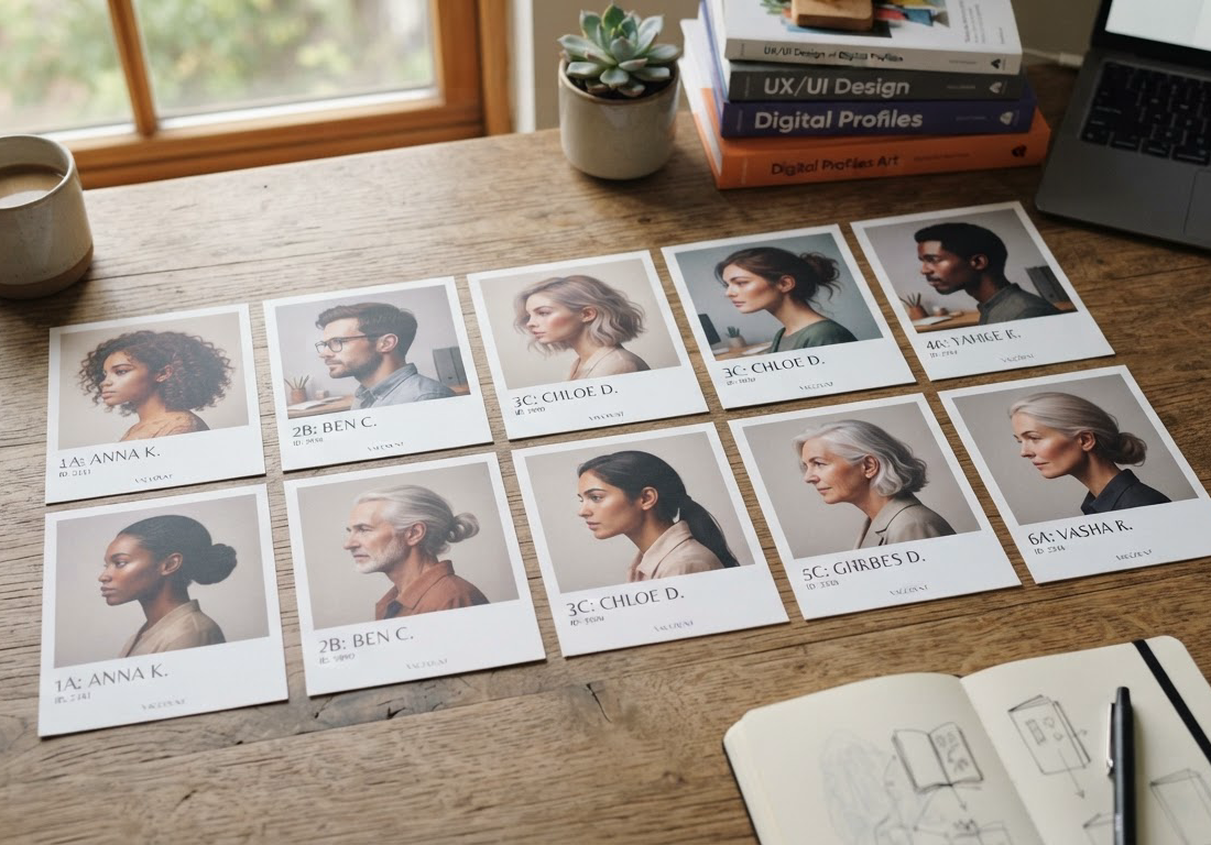 Grade fotográfica com dez retratos de perfil de personas fictícias, cada um identificado por uma legenda Vaccount, dispostos sobre uma mesa de trabalho em luz natural difusa, com o canto inferior direito livre