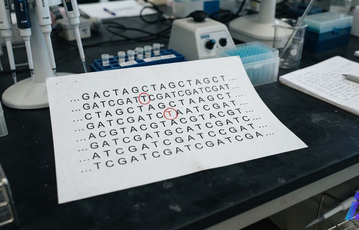 Folha impressa com uma sequência de DNA nas letras A, C, G e T, com uma mutação circulada em vermelho, sobre uma bancada de laboratório sob luz fria