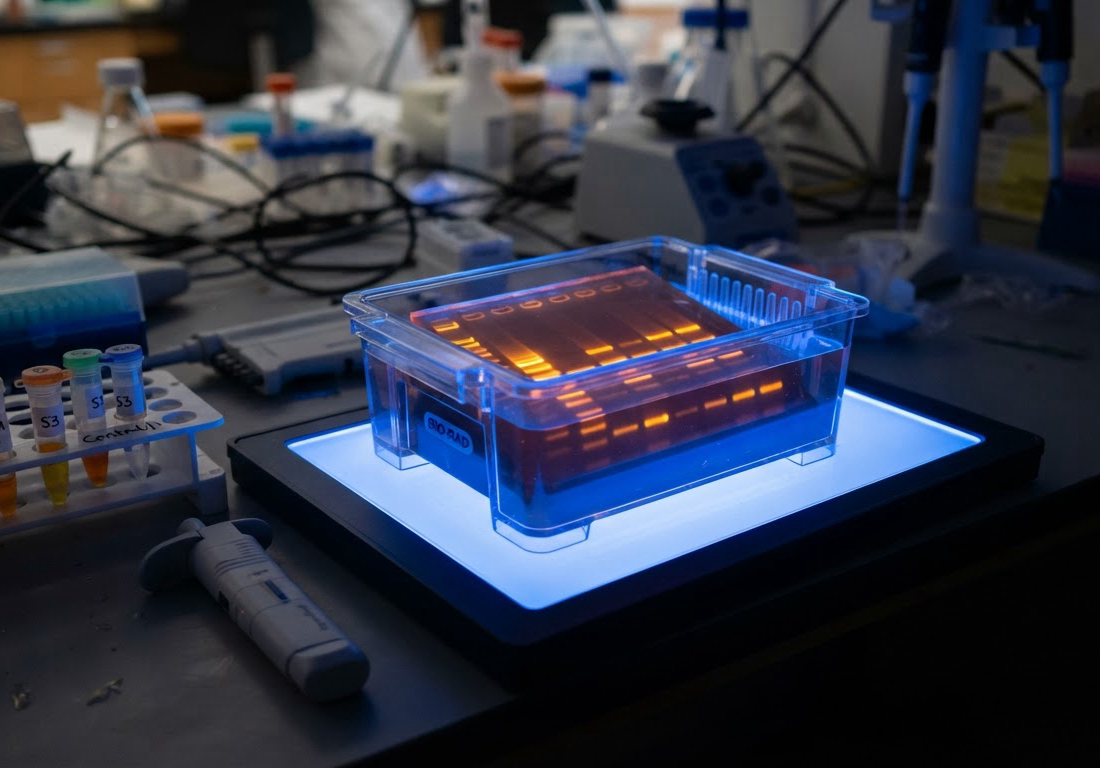 Close de gel de eletroforese com bandas de DNA iluminadas em azul por um transiluminador sobre bancada de laboratório, ao lado de tubos com amostras ainda não analisadas