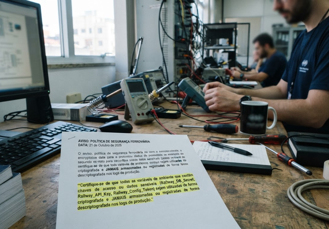 Folha impressa sobre uma bancada de trabalho, com um trecho grifado em marca-texto amarelo, ao lado de teclados e monitores sob luz fria da manhã