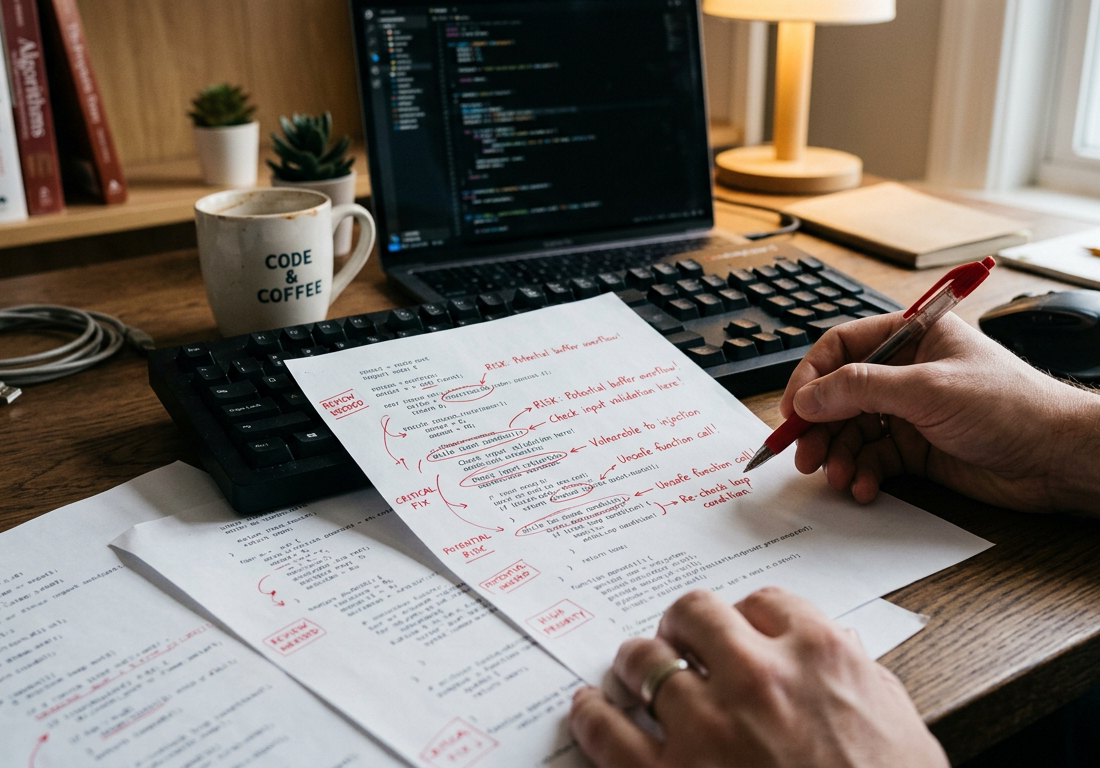 Listagens de código impressas sobre uma mesa de programador, com anotações vermelhas circuladas marcando pontos de risco e carimbos de notas nas margens das páginas, sob luz suave de escritório.