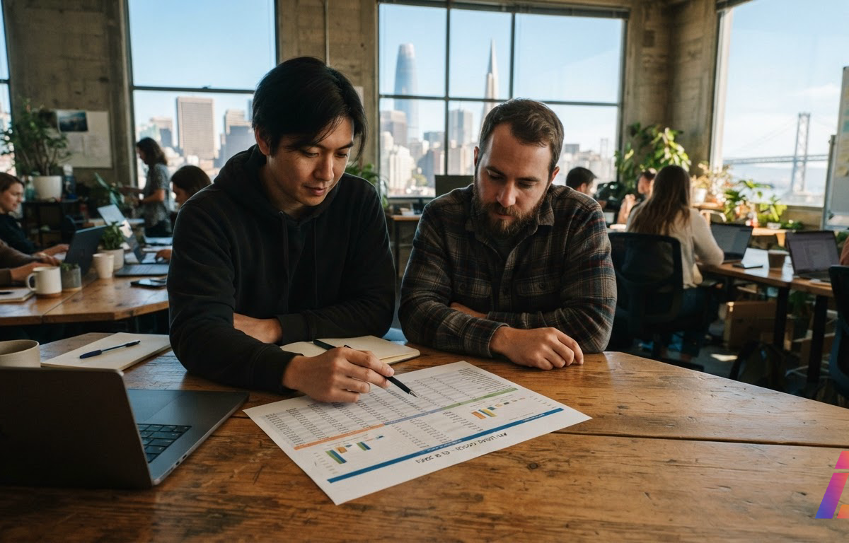 Dois fundadores de startup analisam uma planilha impressa de custos de API em uma mesa de escritório compartilhado em São Francisco, com luz natural da tarde entrando pela janela