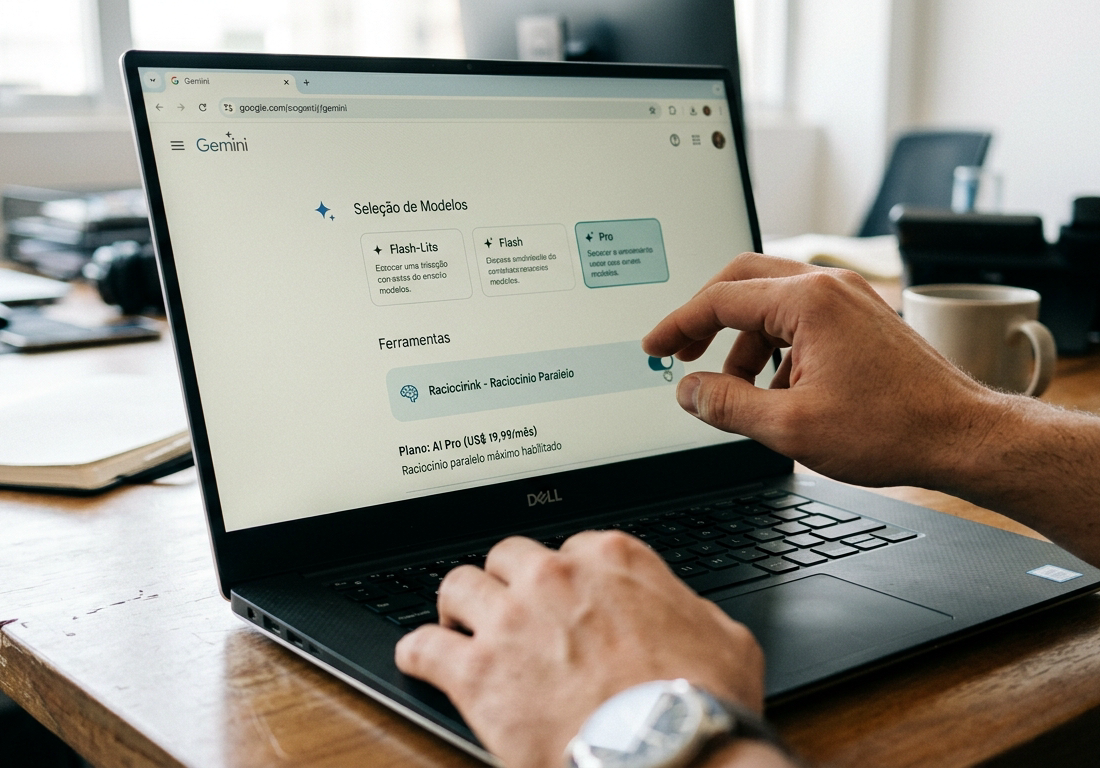Visão em ângulo aproximado de monitor exibindo menu com seletores e parâmetros de processamento textual em interface de tons neutros sobre mesa de trabalho.