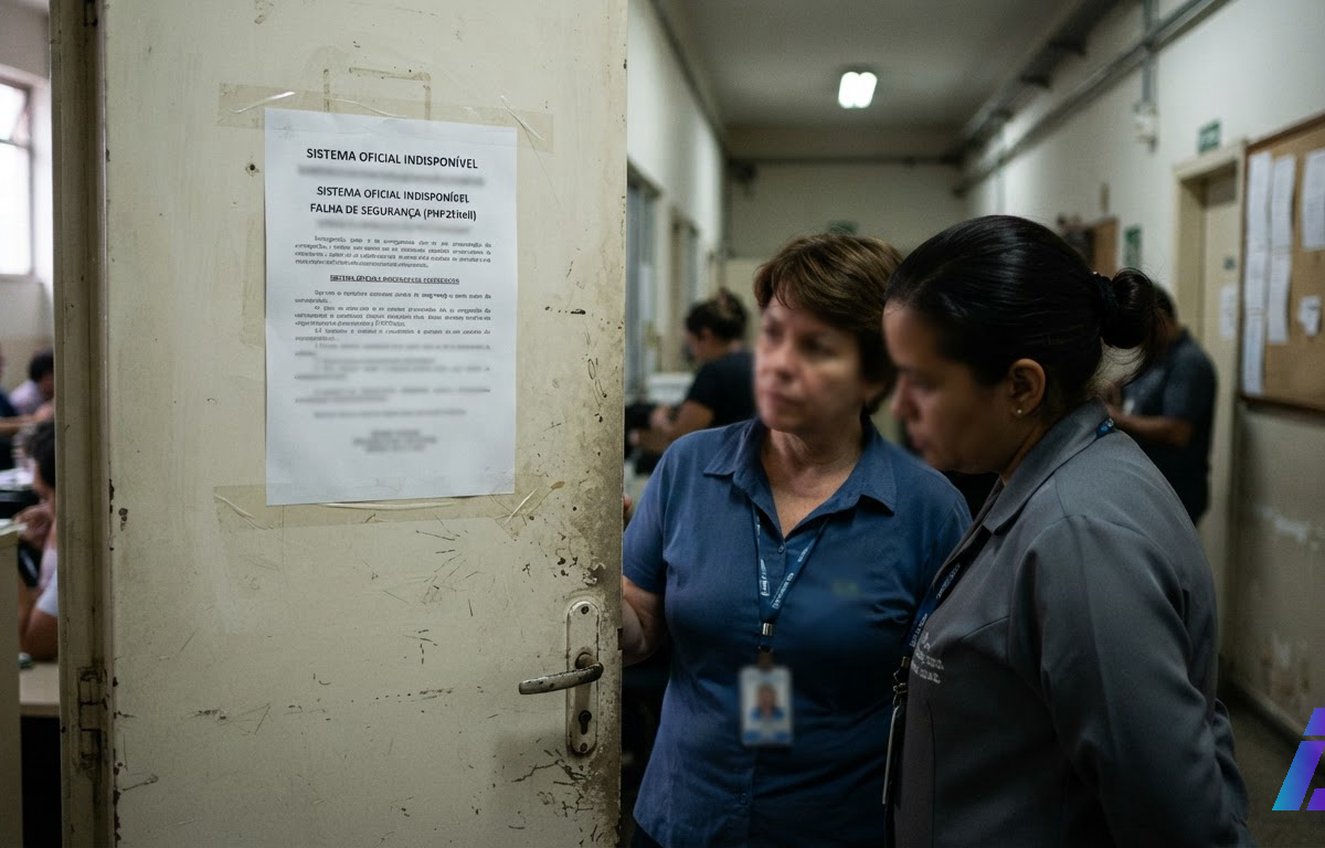 Folha de aviso impressa afixada na porta de vidro de uma repartição pública, com funcionários de costas lendo o comunicado sob luz fria da manhã