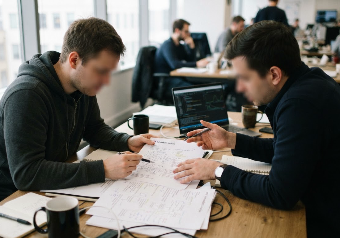 Pesquisadores de segurança, de costas ou com rostos fora de foco, comparam folhas impressas com anotações sobre uma falha de software numa mesa de escritório iluminada por luz natural lateral