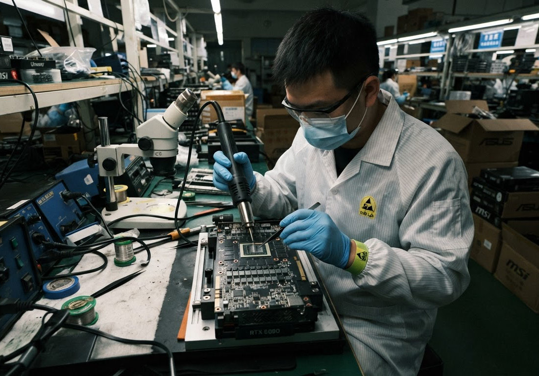 Técnico usa estação de ar quente para dessoldar o chip de uma placa de vídeo desmontada sobre bancada industrial, com caixas de placas abertas ao fundo sob luz fluorescente