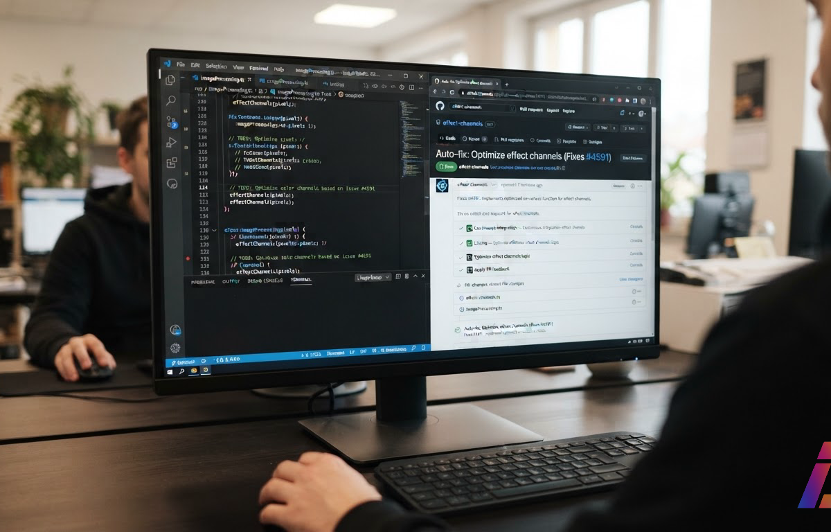 Close de tela exibindo uma issue do GitHub com menção em comentário e, ao lado, o pull request aberto automaticamente pelo agente serverless effect-channels, sob luz neutra de escritório.