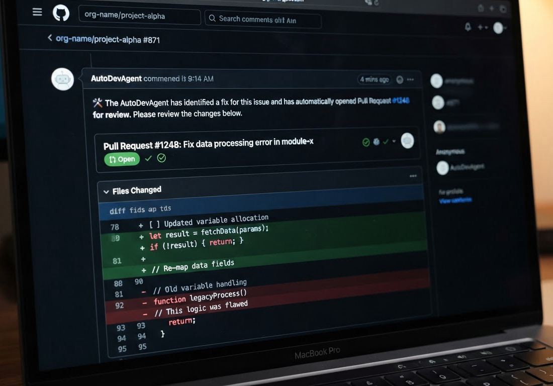 Close de uma conversa de issue do GitHub em que um comentário automatizado anuncia o pull request aberto, com linhas de diff verde e vermelho exibidas ao lado