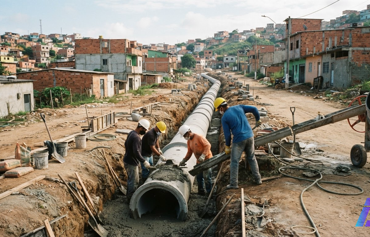 Operários trabalham na concretagem de uma adutora de água em bairro periférico em expansão, com tubos pré-moldados leves alinhados em vala e canteiro de obras compacto sob luz da manhã