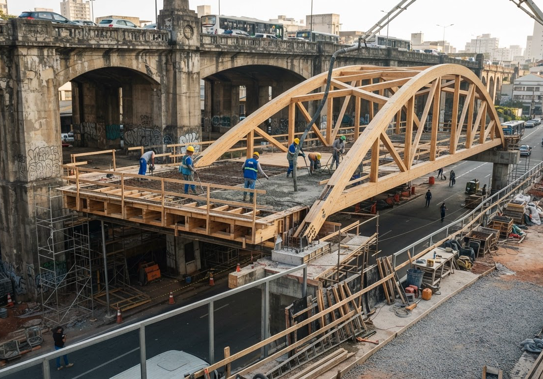 Operários trabalham na concretagem de uma ponte de estrutura esbelta em madeira laminada e pouco concreto, ao lado de um viaduto antigo e maciço, em canteiro de obras urbano sob luz natural da manhã
