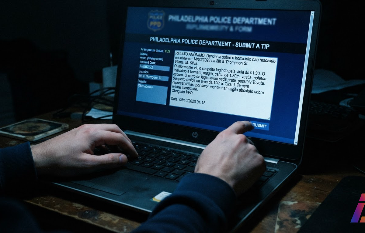 Close fotográfico de tela exibindo formulário de denúncias da polícia da Filadélfia preenchido com relato anônimo sobre homicídio não resolvido, sob luz fria de madrugada