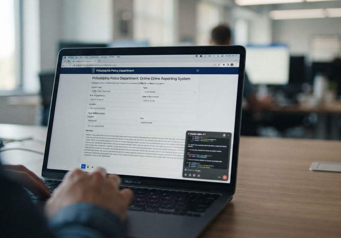 Tela de computador exibindo formulário on-line de denúncia policial preenchido, com campos de texto e botão de envio, em ambiente editorial escuro