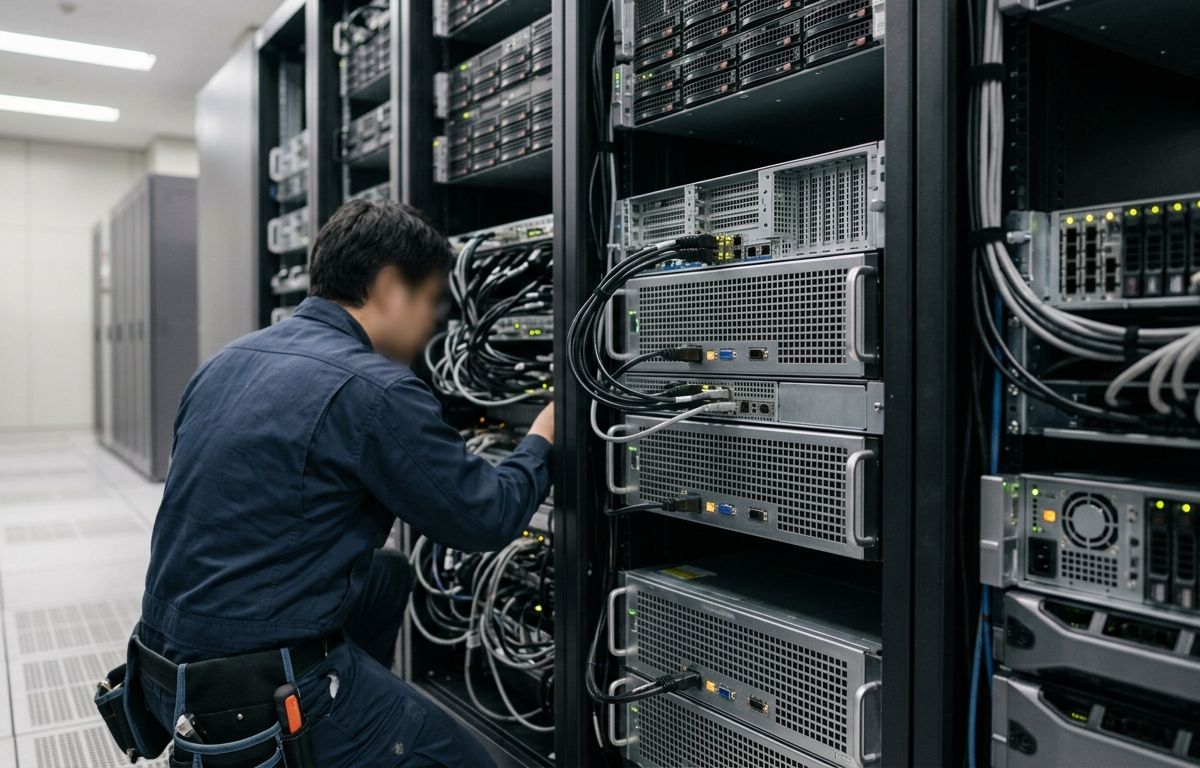 Fileira de racks de servidores de alta densidade em data center corporativo iluminado, com cabeamento organizado e LEDs de status em tons de azul e âmbar refletindo no piso metálico elevado.