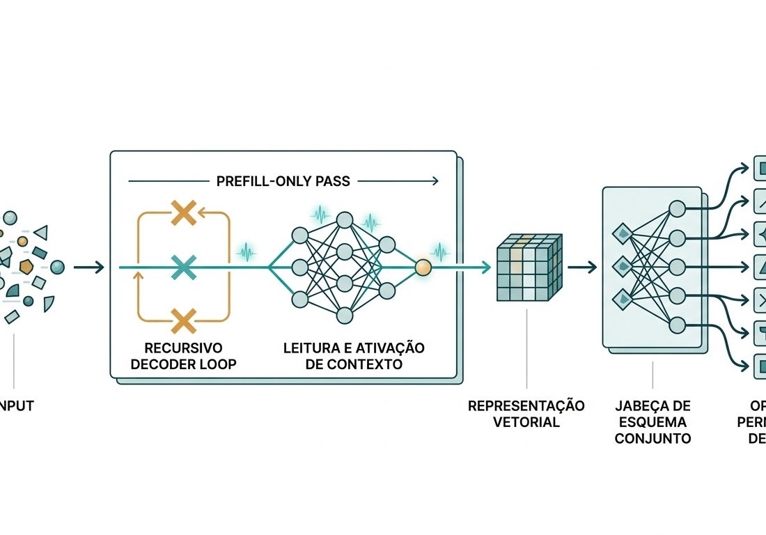 Diagrama esquemático em fundo claro mostrando o fluxo linear de dados a partir de blocos de entrada, passando por nós de ativação em azul-petróleo e convergindo para uma camada terminal unificada em tons de âmbar.