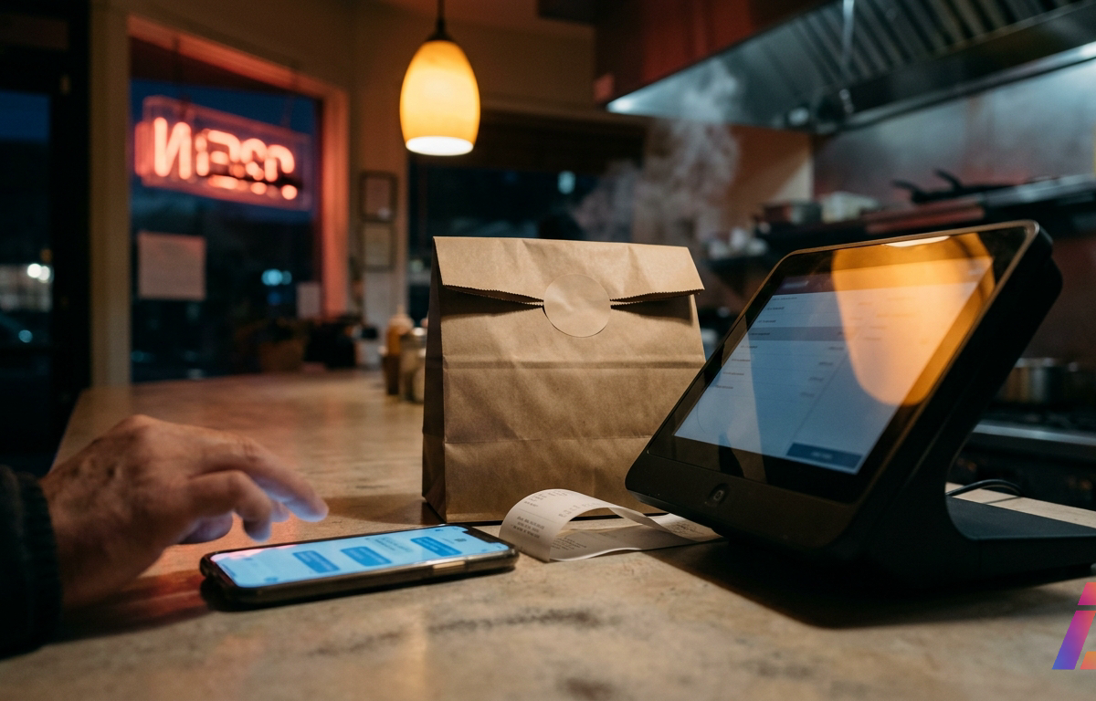 Fotografia noturna em balcão de fórmica de pequeno restaurante: mão anônima deposita smartphone com tela azulada de bolhas de conversa desfocadas, ao lado de terminal de ponto de venda refletindo luz âmbar; entre os dois, sacola de papel kr