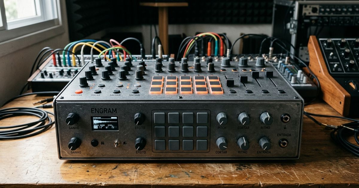 Sampler musical portátil em gabinete de metal cinza com botões emborrachados pretos e controles giratórios sobre uma bancada clara de estúdio com cabos e equipamentos de áudio desfocados ao fundo