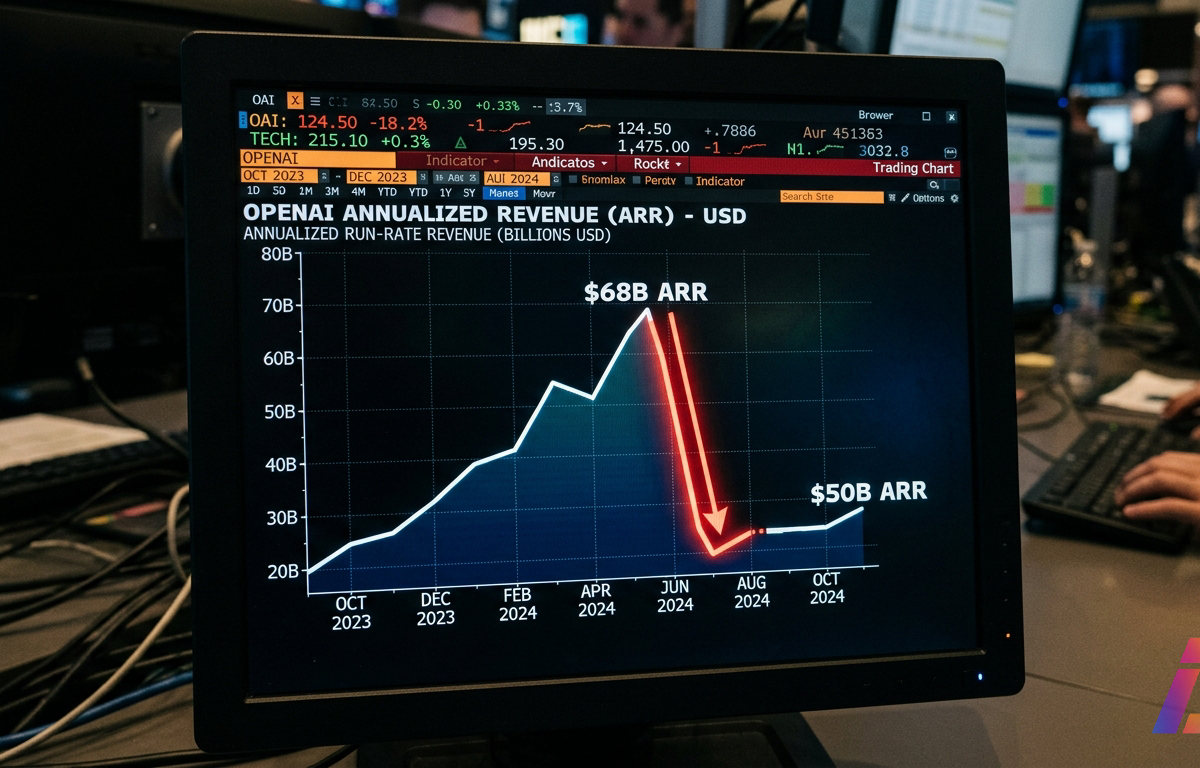 Terminal financeiro em ambiente escuro exibe gráfico de curva de receita anualizada com queda acentuada de US$ 68 bilhões para US$ 50 bilhões, marcada por linha vermelha descendente sobre fundo de dados e cotações em luz fria.