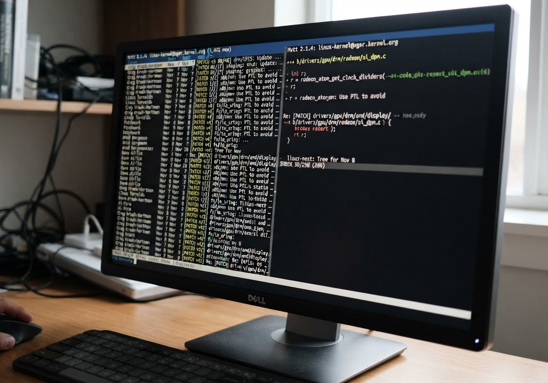 Close-up de tela de e-mail exibindo dezenas de patches de código em texto puro empilhados na caixa de entrada de um mantenedor do Linux kernel, com luz lateral suave em ambiente de trabalho