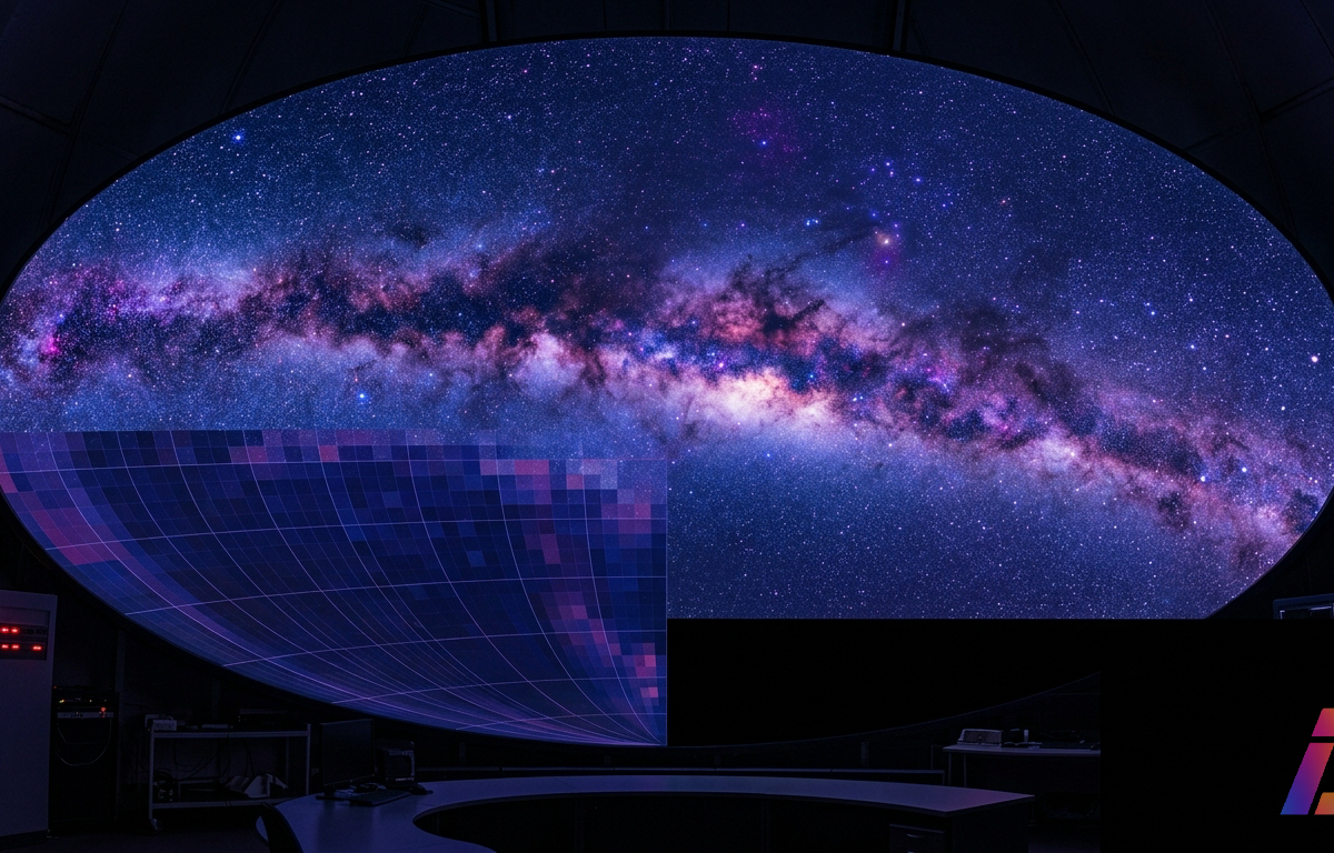 Mapa panorâmico do céu em ultravioleta exibido em projeção plana, com a faixa da Via Láctea em tons de azul e violeta e cerca de um terço da esfera celeste preenchido por pixels estimados em grade matemática.