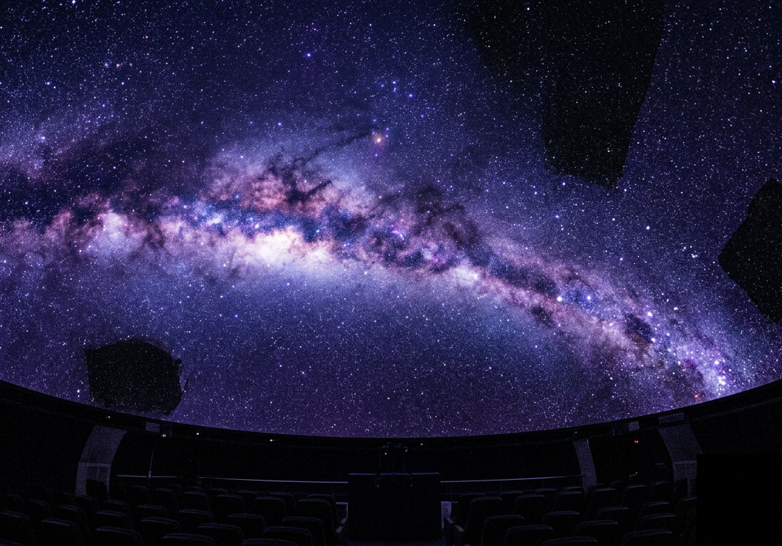 Projeção panorâmica do céu inteiro em ultravioleta exibida em ambiente escuro de planetário, com a faixa brilhante da Via Láctea atravessando a esfera celeste e cerca de um terço das regiões aparecendo sem dados, em tons escuros com pontos