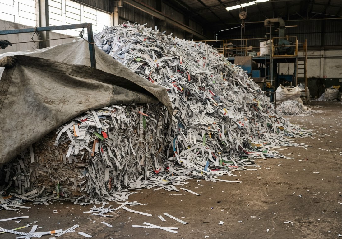 Montanha de tiras de papel com fragmentos de palavras impressos, parcialmente coberta por uma lona cinza sendo erguida, em um galpão iluminado por luz lateral suave
