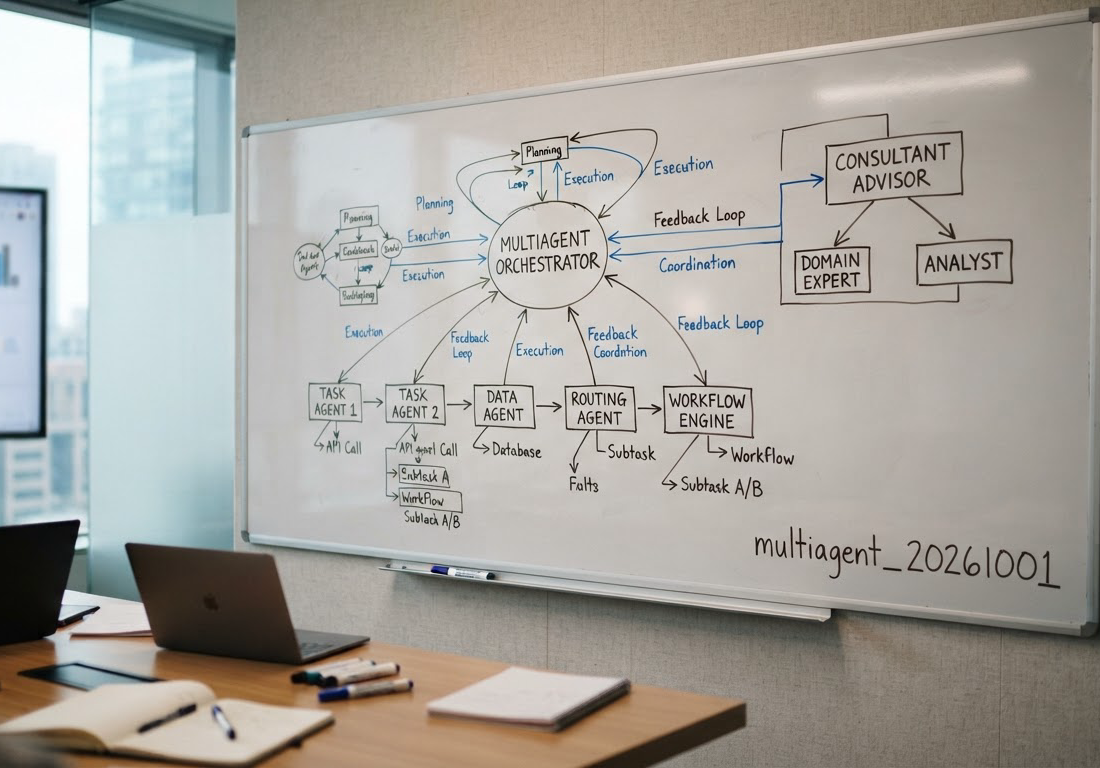 Quadro branco em escritório com diagrama hierárquico de orquestração, mostrando um nó central ramificado em subagentes, um consultor e a anotação multiagent_20261001 à margem, com o canto inferior direito livre.