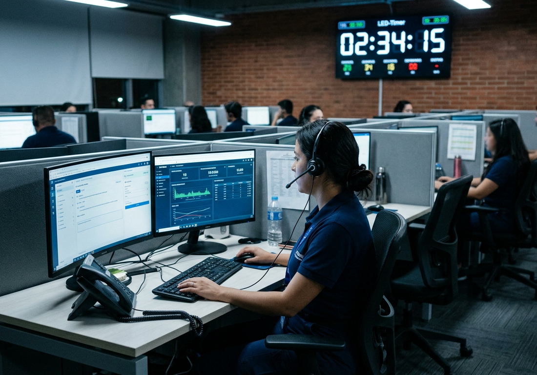 Andar vazio de contact center à noite, iluminado apenas por uma luminária de mesa sobre uma bancada de supervisão, onde repousam um cronômetro analógico parado, um headset preto e uma caderneta fechada; no primeiro plano, o fio espiralado d