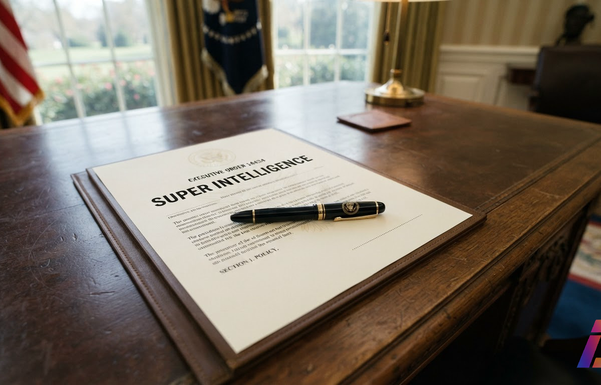 Caneta presidencial pousada sobre a página de assinatura da ordem executiva 14434, com o título 'Super Intelligence' impresso em destaque, sobre a mesa do Salão Oval iluminada por luz natural.
