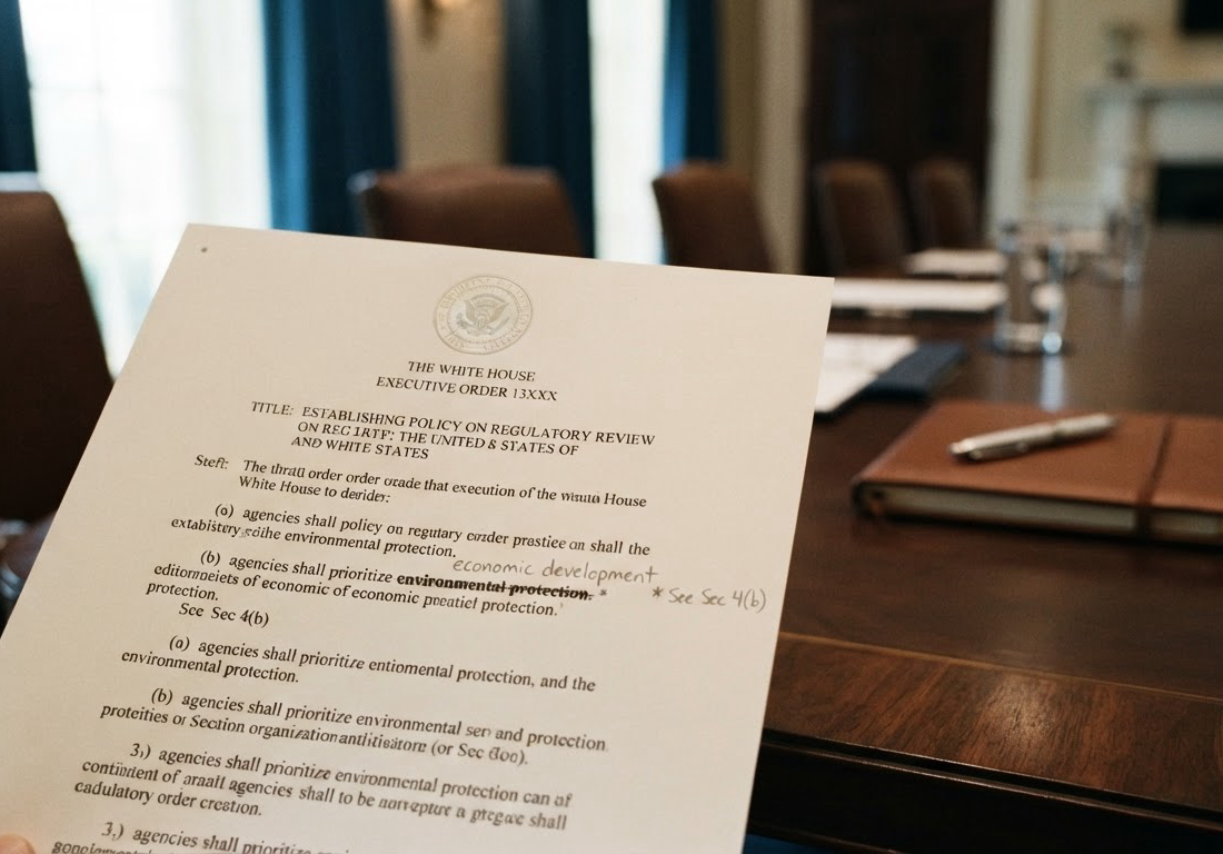 Documento oficial com selo federal sobre mesa de madeira, texto impresso visível e anotações a lápis marcando trechos, sob luz lateral de sala de gabinete