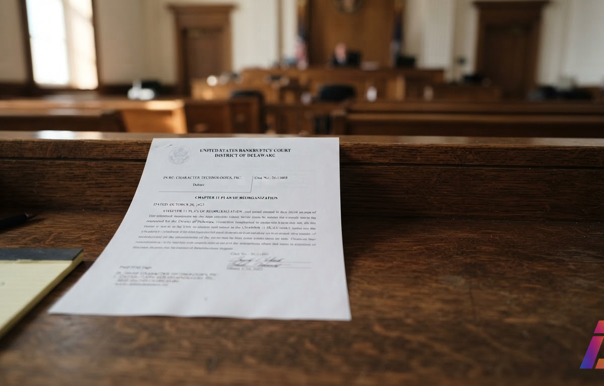 Documento judicial com o número 26-11603 e o nome Character Technologies sobre a mesa da corte de falências de Delaware, iluminado por luz natural de manhã, com espaço livre no canto inferior direito