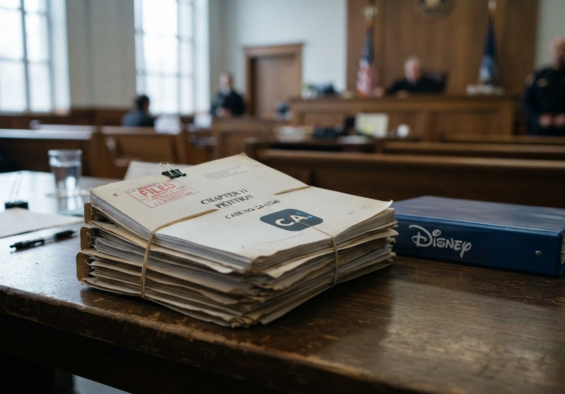 Pilha de documentos judiciais sobre mesa de tribunal americana, com carimbo visível e uma pasta ao lado, sob luz natural fria