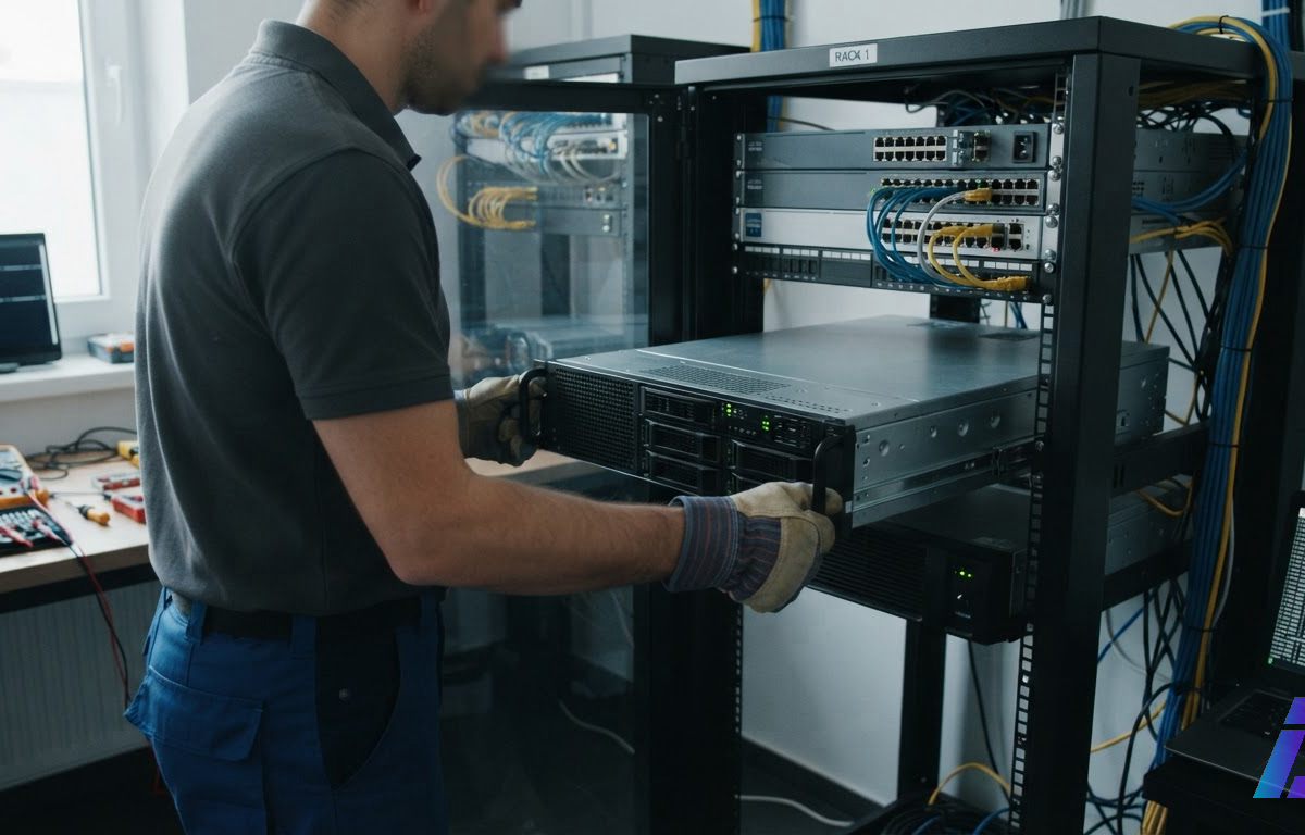 Técnico encaixa um servidor em um rack compacto de escritório pequeno, iluminado por luz fria da manhã, com cabos e equipamentos de rede ao redor