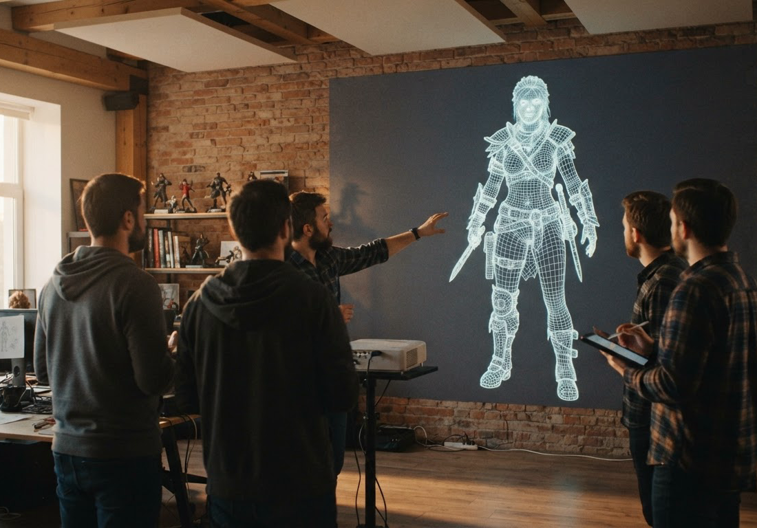 Malha 3D de personagem de videogame projetada em uma grande parede de estúdio, com desenvolvedores conversando ao redor sob luz suave da tarde