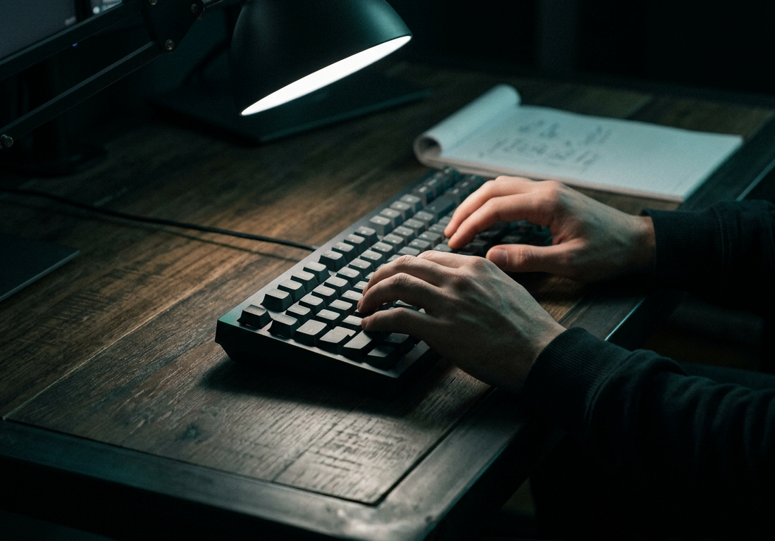 Mãos de uma pessoa desenvolvedora repousadas sobre um teclado mecânico escuro, iluminadas por um feixe de luz focal em uma bancada de trabalho sóbria.