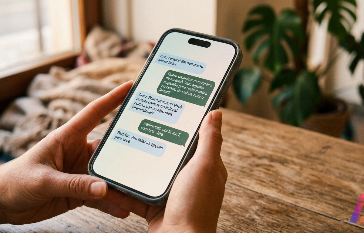 Close de um smartphone exibindo balões de conversa por SMS com um assistente pessoal, sem interface de aplicativo, sob luz suave de fim de tarde.